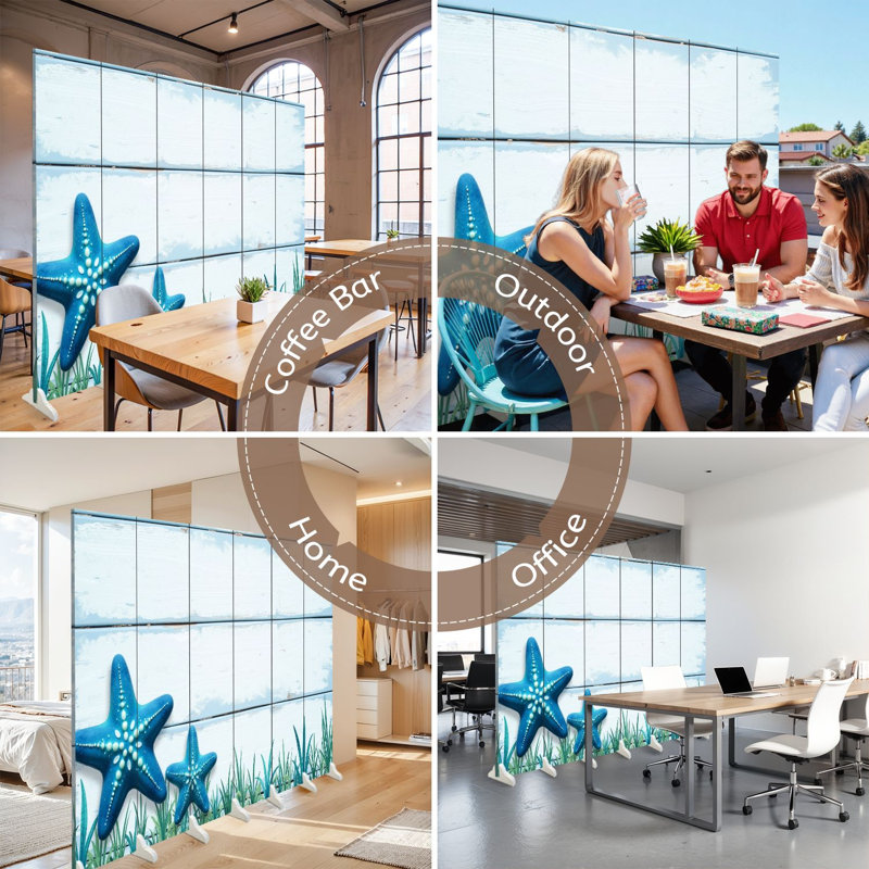 Cloison pliante 6 panneaux paravent Royal Coastal Ocean Sky Blue Starfish, 6, 71" H x 96" W x 1" D