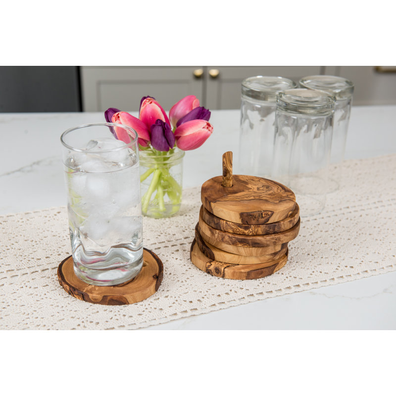 Wood 6 Piece Coaster Set With Holder