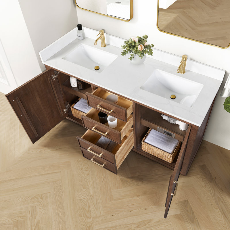 Jakarta 60" Double Bath Vanity with Silk White Quartz Stone Top, Aged Dark Brown Oak, Brushed Gold