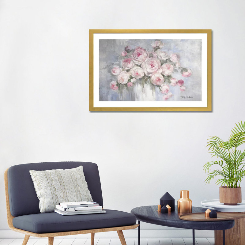 Pe pivoines dans un vase blanc par Debi Coules - reproduction d'art, H 24 po x l 32 po x P 1 po, Papier encadré doré, Blanc