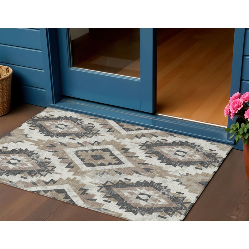 Tapis intérieur/extérieur lavable, 90 x 150 cm, motif aztèque taupe et gris, lavable