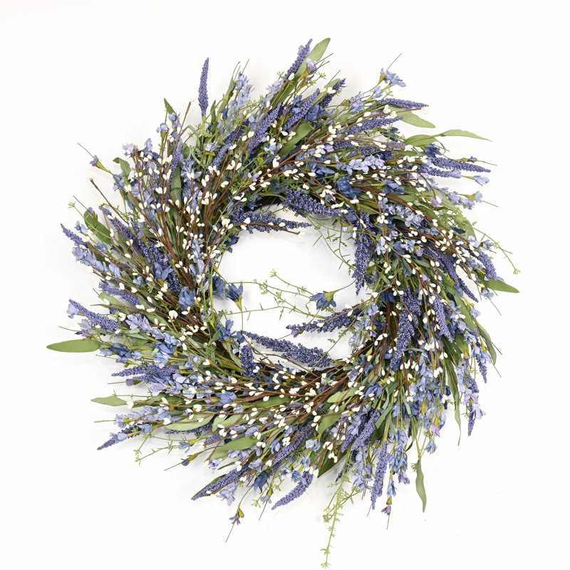 Couronne de porte de 22 po de style champêtre artificiel avec feuilles et fleurs, Crème