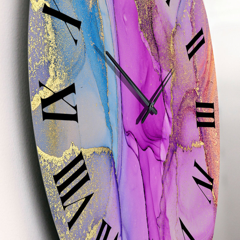 Horloge murale moderne bleue et mauve à l'encre de marbre II, Petit