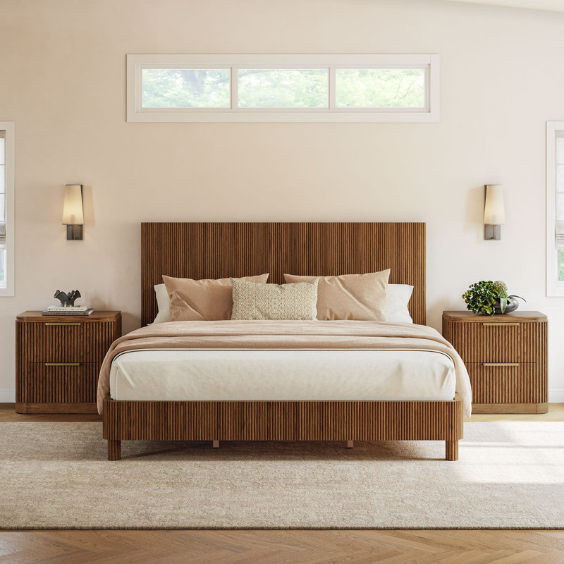 Lit en bois massif pour chambre Hernest, King, Tan