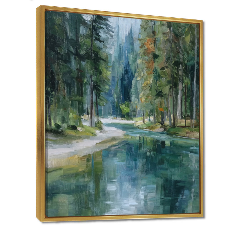 «Pine Trees Fraser River Calming Current», art sur toile, paysage vert, H 40 po x l 30 po, Cadre flottant, Doré
