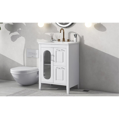 Meuble-lavabo 24 po avec lavabo, meuble-lavabo avec deux tiroirs et porte, tablette réglable, bois massif et panneau de fibres à densité moyenne, blanc