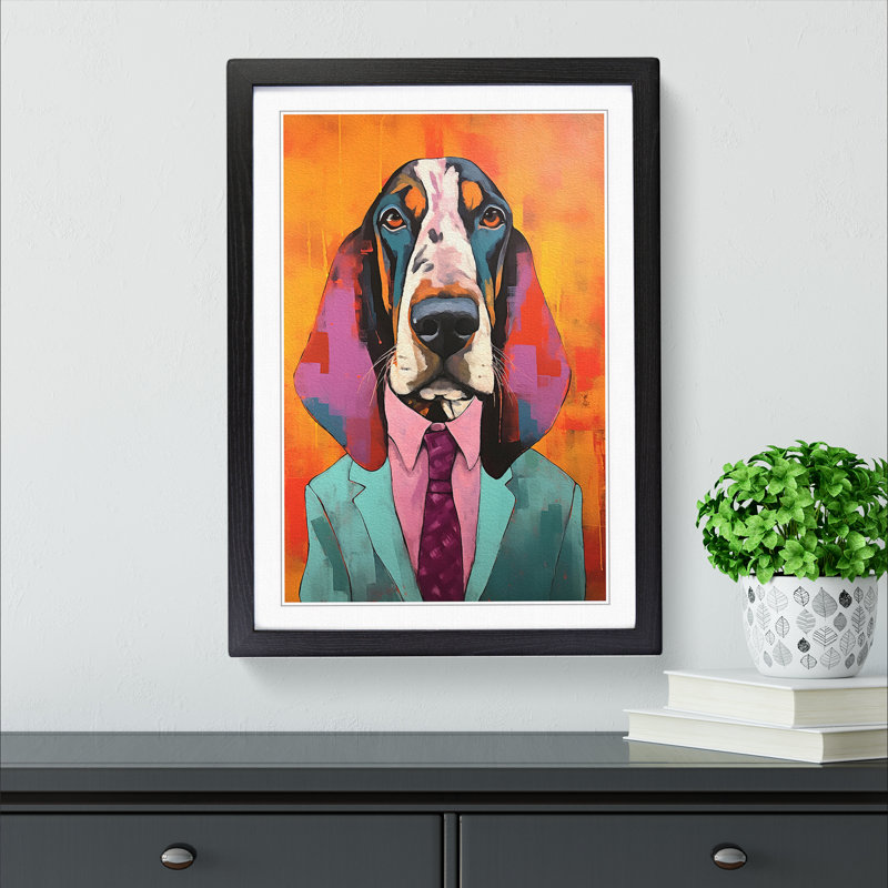 Basset Hound Modern - Single Picture Frame Print on Wood, 34cm H x 25cm W x 2cm D, Black