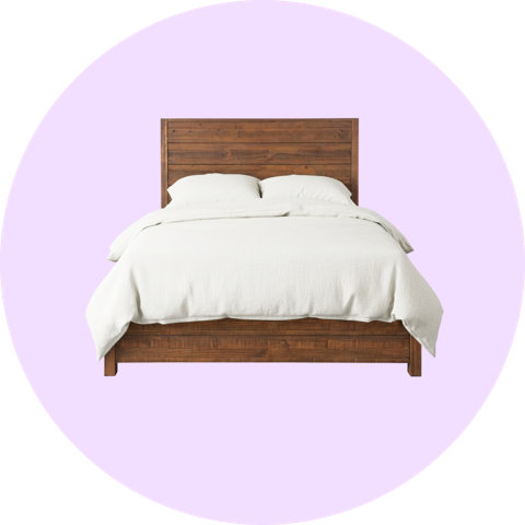 Rustic wooden bed frame with a horizontal plank headboard and white bedding against a light purple circular background.