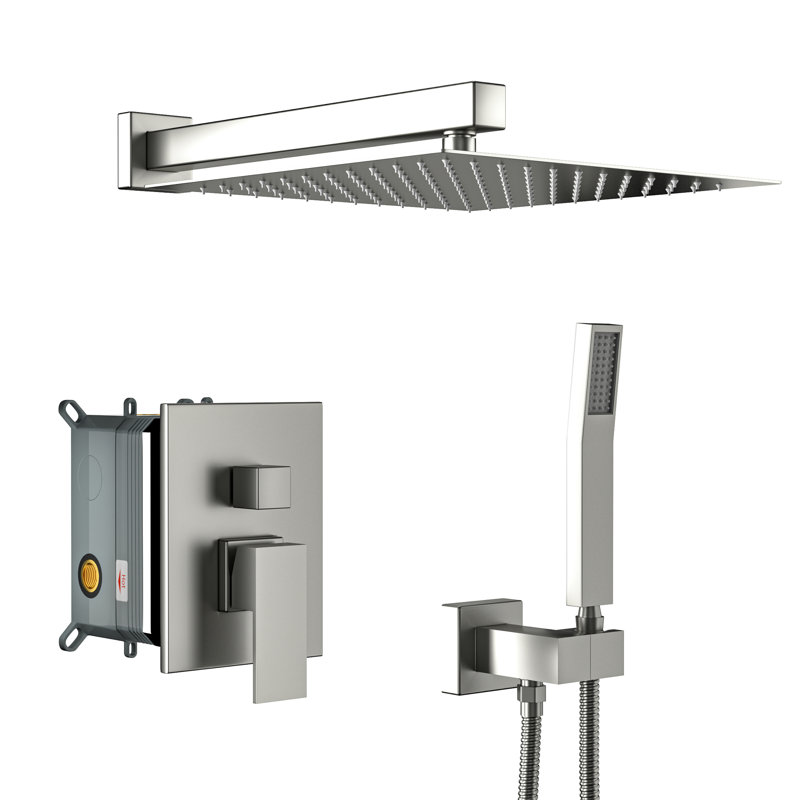 Brushed Nickel 12 Inch Wall Mounted Dual Shower System, - Scald Valve, Rainfall And Handheld With Extensive Coverage Square , Balanced Rough In Finish, For Everyday Use