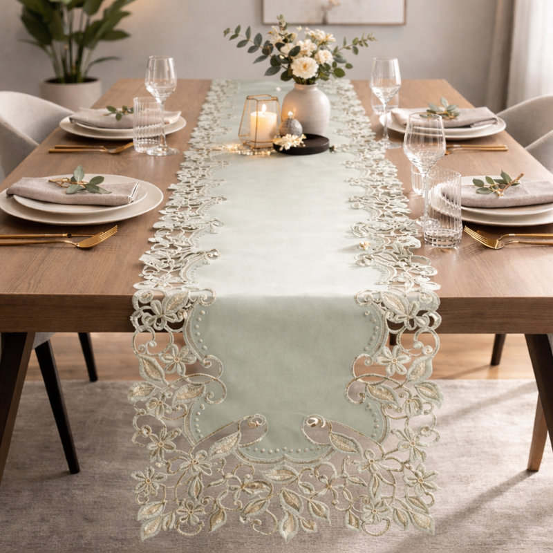 Alvina Gray Table Runner with Elegant Embroidery & Cutout Detailing – Perfect Christmas Decor & Gift