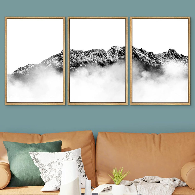 Nature paysage noir et blanc montagne brumeuse d'hiver encadrée sur toile, 3 pièces, H 36 po x l 72 po x P 1,5 po, Naturel
