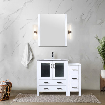 Meuble-lavabo blanc 107 cm L x 46 cm P, armoire latérale, comptoir et robinet en céramique, fermeture amortie, comptoir résistant aux égratignures et aux taches.