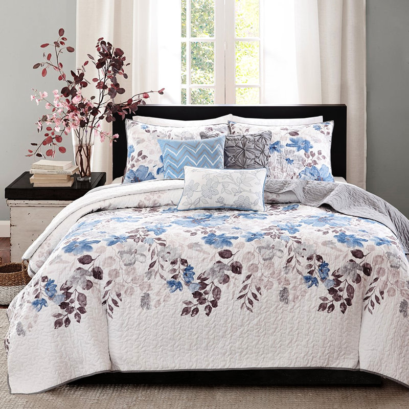 Courtepointe bleu très grand / très grand, 6 pièces, impression d'aquarelle sur thème floral, microfibre réversible, coussins, bleu lavable à la machine, coussins décoratifs brodés