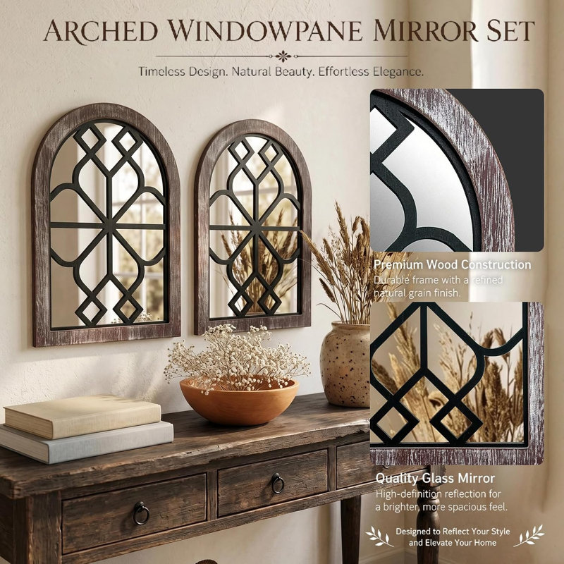 Ensemble de 2 miroirs muraux décoratifs brun clair à carreaux arqués – Ensemble de miroirs d'appoint rustiques avec cadre en bois d'ingénierie