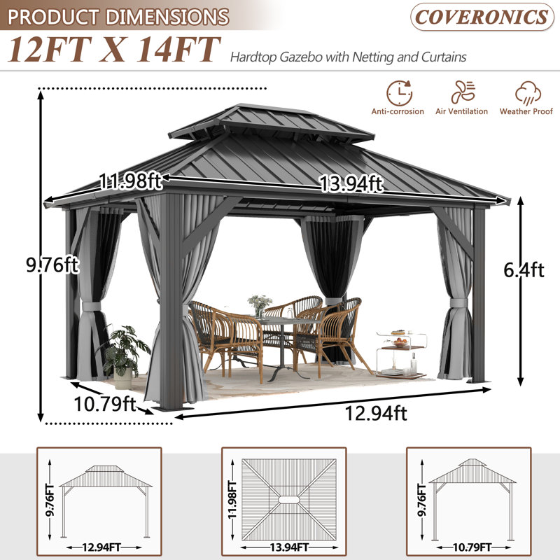 Aluminum Patio Gazebo - Galvanized Steel Hardtop Gazebo with Curtains & Netting, 14 ft. W x 12 ft. D