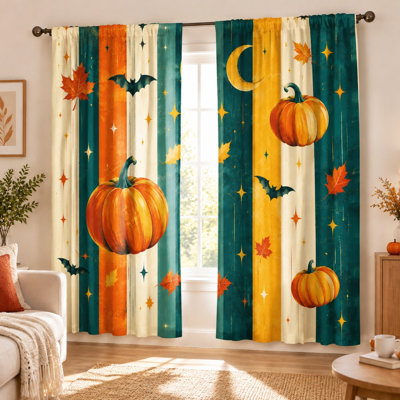 Ensemble de 2 rideaux à rayures verticales rétro, imprimé citrouille, chauve-souris et lune, pour Halloween, salon, chambre, cuisine, avec œillets pour tringle.