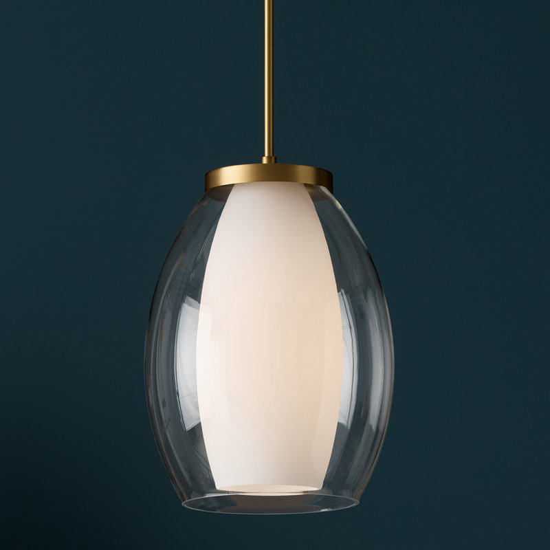 Luminaire suspendu 1 lumière en laiton vieilli l 13 po x H 18 po avec couches de verre blanc et transparent