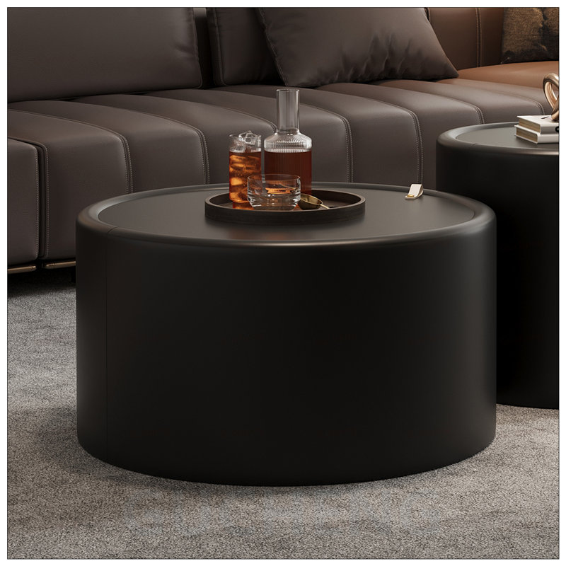 Table basse ronde avec plateau en verre trempé et corps en cuir de polyuréthane, rangement caché pour un décor de salon moderne