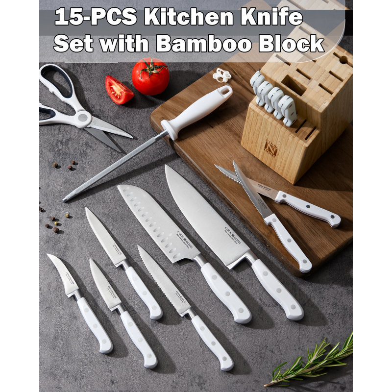 White 15-Piece Kitchen Knife Set with Bamboo Block