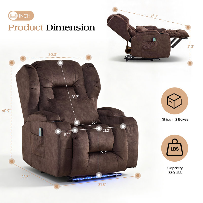 Power Reclining Home Theater Chair with Massage and Heat, Velvet Upholstered Recliner with Cup Holders and USB Port