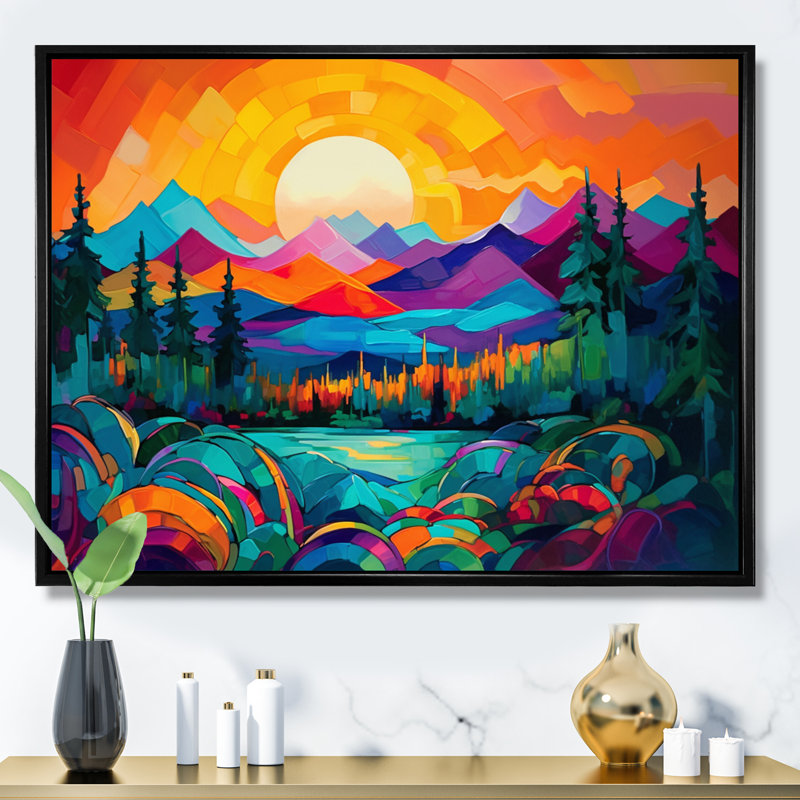 «Vibrant Sunset Shining Over Mountains II», art sur toile, H 16 po x l 32 po x P 1 po, Cadre flottant noir