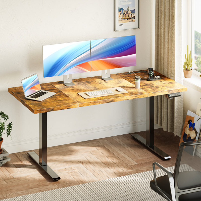 Bureau électrique debout avec prises de courant, H 29,1 po x l 71 po x P 27,6 po, Brun rustique / noir