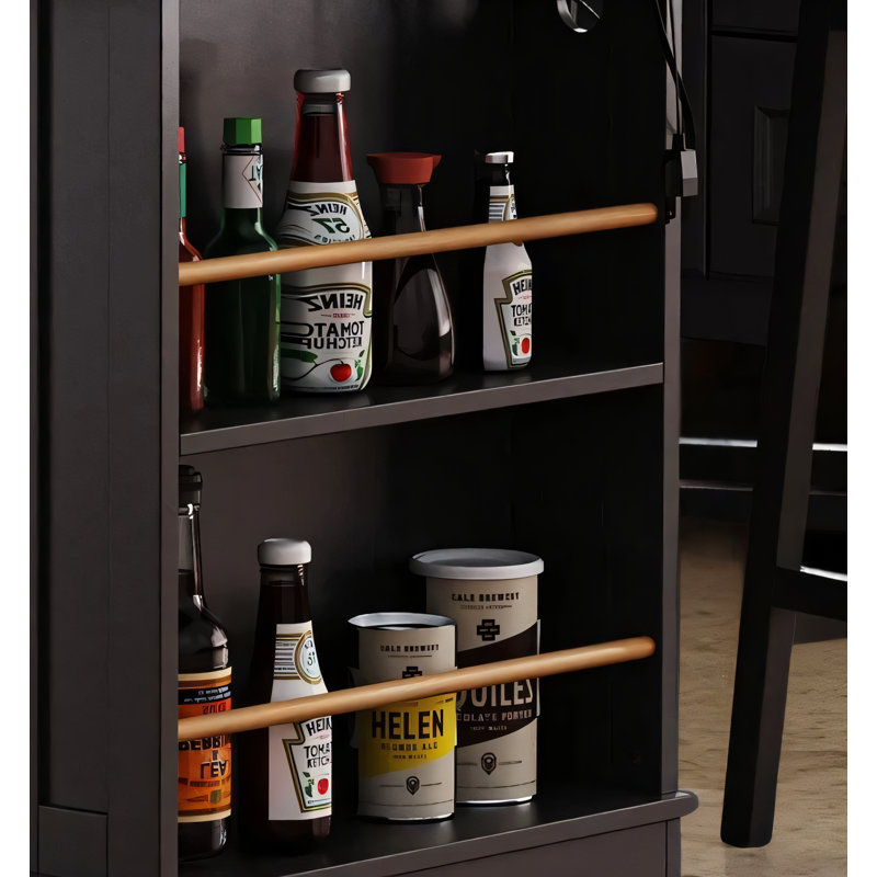This Large Kitchen Island With 2 Bar Stools And An Electrical Outlet Has Storage Shelves Inside The Door And A 5-Wheel Storage Cart With Folding Boards And 5 Open Side Shelves Including 3 Drawers, Perfect For The Kitchen And Dining Room.