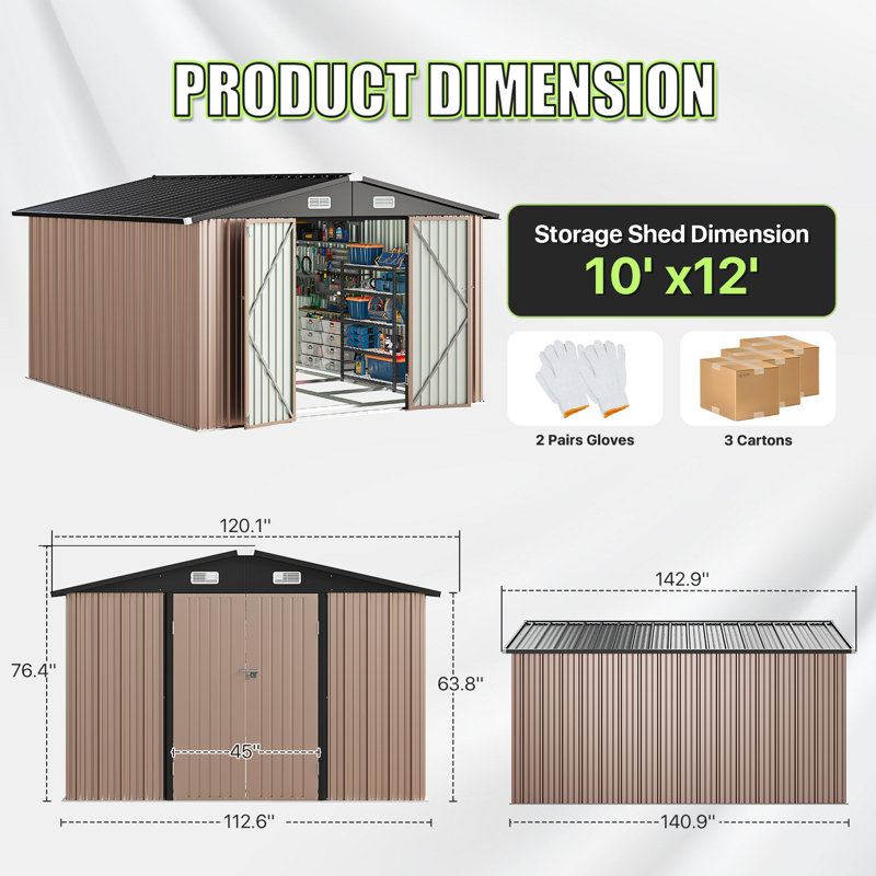 10 Ft. W X 12 Ft. D Metal Storage Shed With Metal Base Frame Kit, Brown, 10' W x 12' D