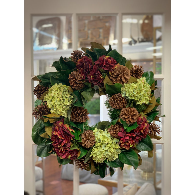 Evergreen Wreath With Mixed Hydrangeas And Pincones