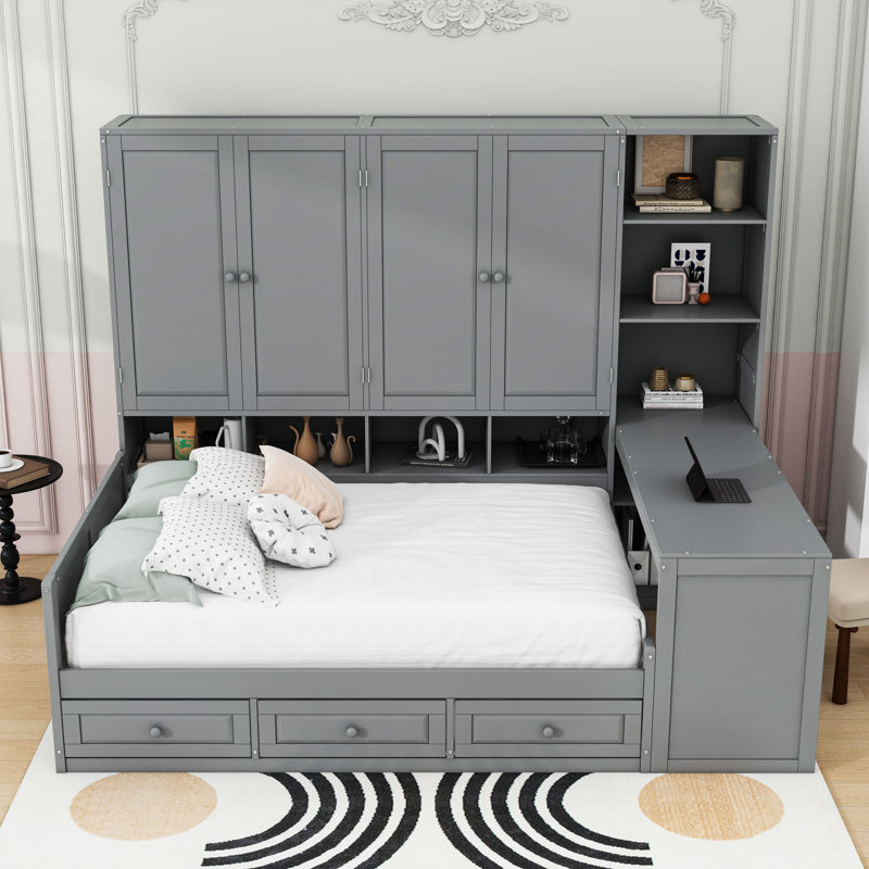 Wooden Daybed with Built-in Desk, Shelves, Cabinet and Drawers, Gray, Full/Double