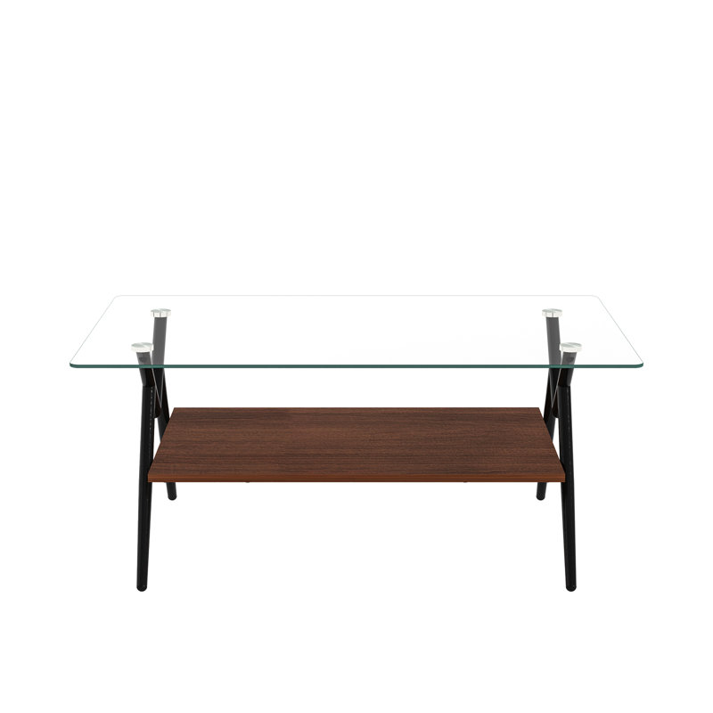 Modern Rectangle Coffee Table With Transparent Tempered Glass Top And Black Metal Legs For Living Room | Gift Idea