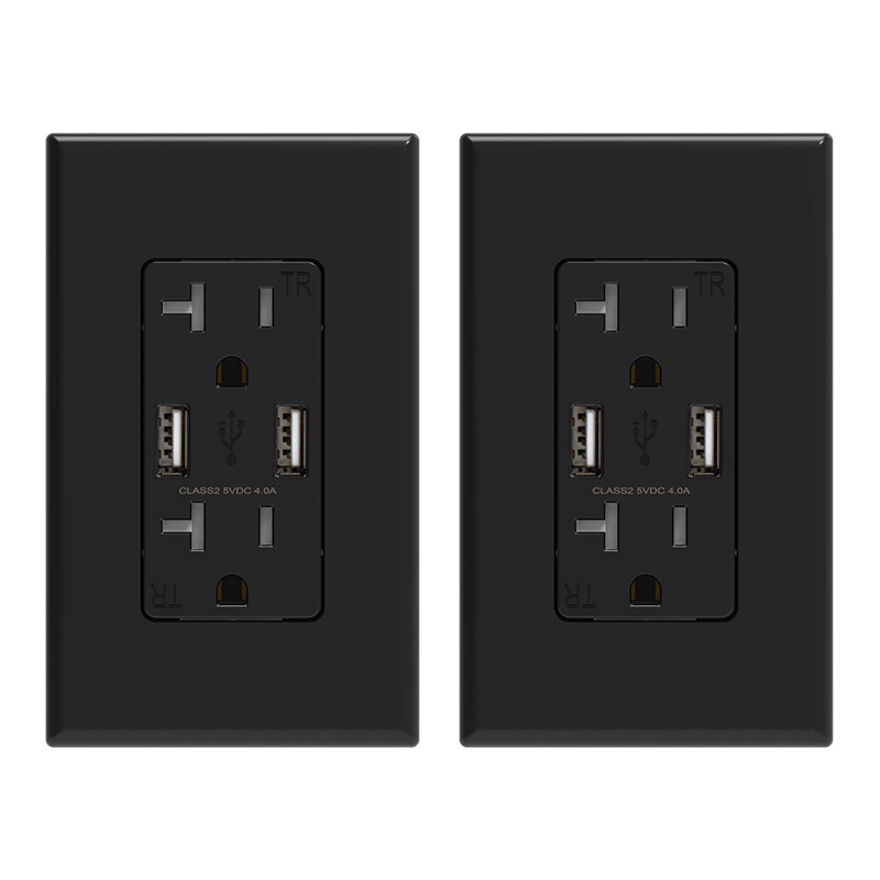 20 Tamper Resistant Duplex Outlet with USB Port, Black, 2