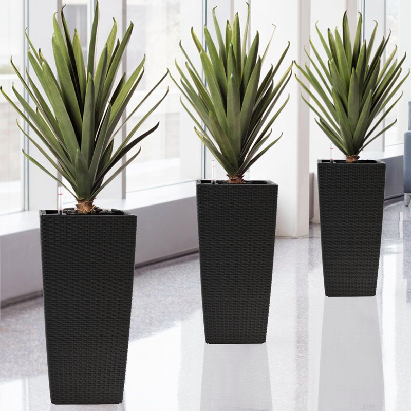 22-Inch High Faux Rattan Design Flower Pot with Automatic Watering System for Porch, Patio, Backyard, Makes Keeping Flowers Easier (Pack of 2, Black), Square Planter for Indoor or Outdoor Use
