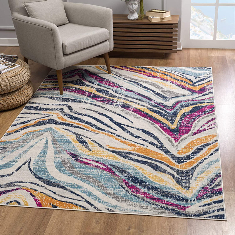 Raen Ivory Blue and Gold Abstract Area Rug, Rectangle 4' x 6'