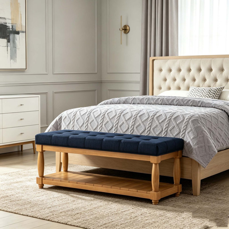 Banc rembourré en lin avec tablette de rangement - Banc repose-pieds capitonné, Navy Blue