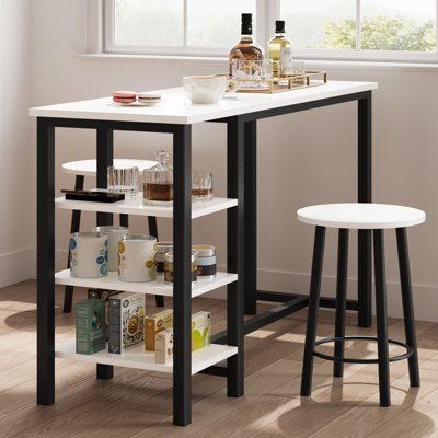 Bar Table With 2 Stools, Counter Height Table With 3 Storage Shelves, 3 Piece Dining Table Set For Small Space, Apartment, Kitchen, White&Black