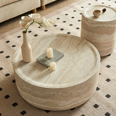 31.5'' Round Fiberglass Coffee Table, Modern Marble Pattern Center Table for Living Room