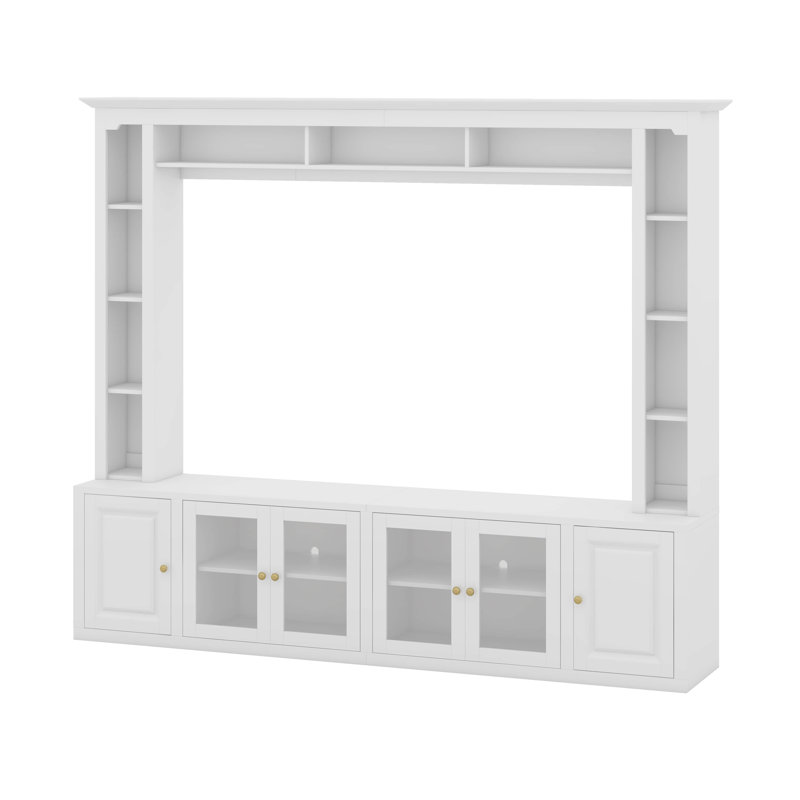 Meuble audio-vidéo 4 pièces, console multimédia avec tablette réglable et porte en verre trempé, Blanc