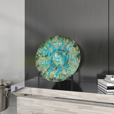 Green Glass Handmade Mosaic Inspired Geometric Charger with Black Display Stand