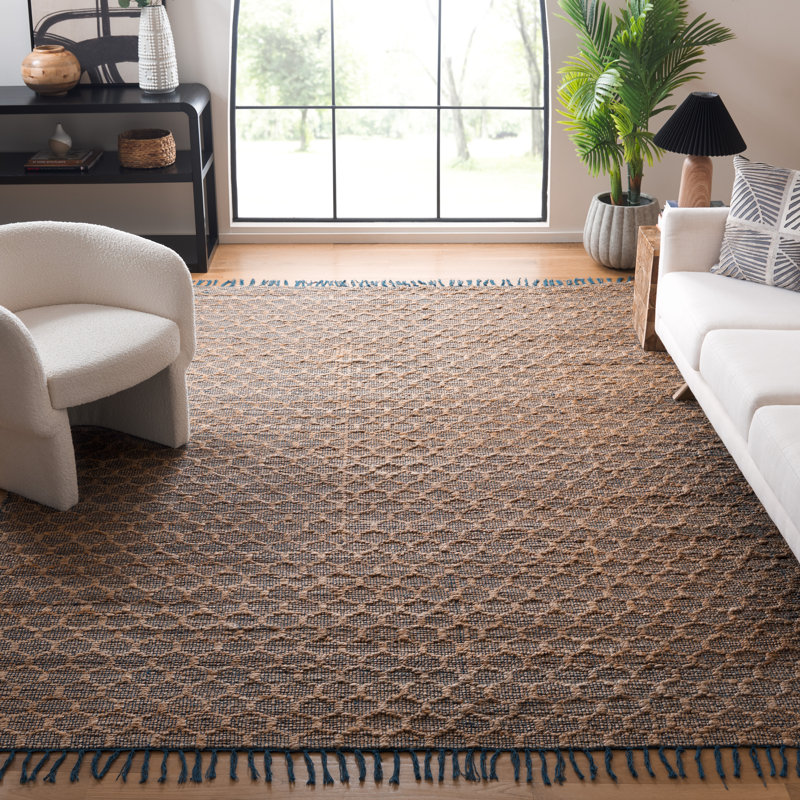 Tapis bleu marine / brun clair en coton tissé à la main Lanston, Rectangle 8 pi x 10 pi