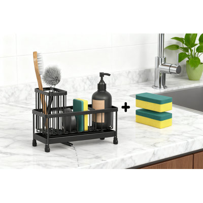 Organisateur de bac d'évier en acier inoxydable BSHG avec bec rotatif, éponge multi-compartiments et porte-brosse pour le rangement du comptoir de cuisine
