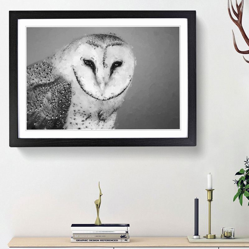 Barn Owl in Abstract - Picture Frame Painting Print, 62cm H x 87cm W x 2cm D, Black Framed