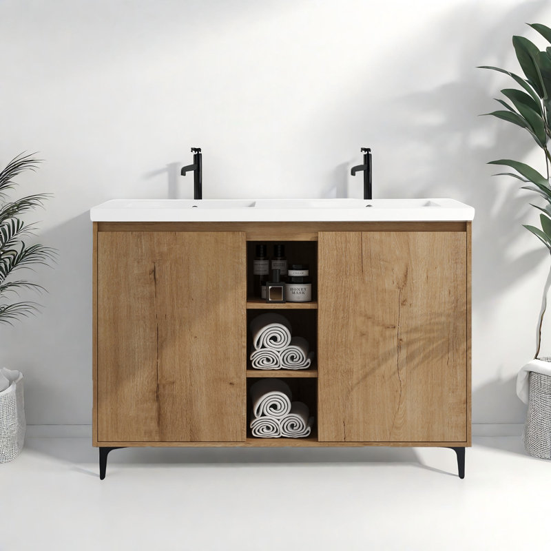 Meuble-lavabo autoportant de 48 pouces avec double lavabo en résine et rangement ouvert triple Brezhane - Design moderne pour une organisation spacieuse