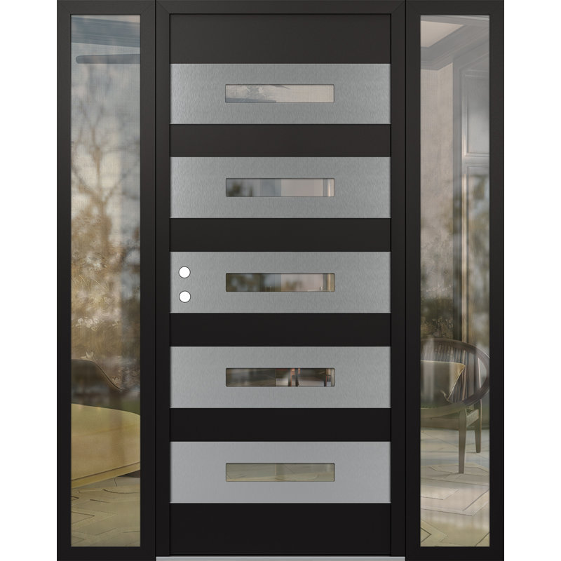 D9 60 po à droite X 80 po Panneau en acier argenté et verre transparent noir et noir avec 2 portes d'entrée en verre pré-montées