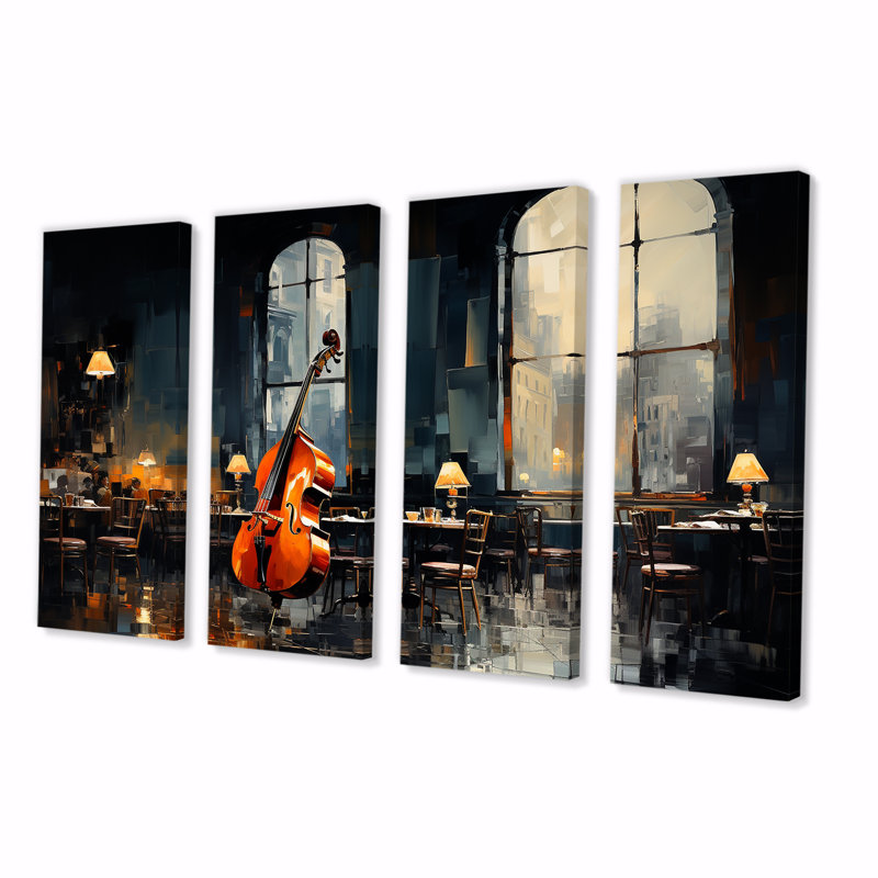«Yellow and Grey Jazz Cafe Melody V - Music Jazz», art mural 4 pièces, H 32 po x l 64 po
