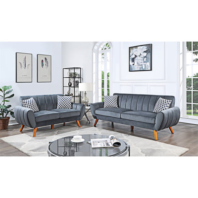 Contemporary 2-Pcs Sofa Set Living Room Furniture Light Gray Velvet Couch Sofa And Loveseat Plush Cushion Unique Lines Plush Sofa -  George Oliver, 78FFDB74B97A418B9D6A84062C757A90