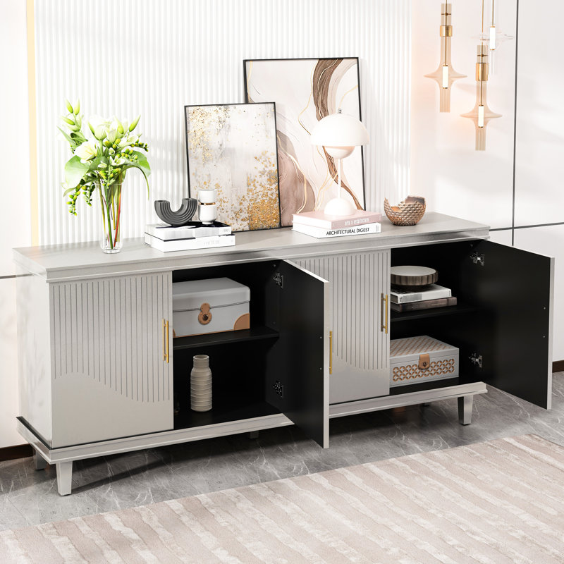 72.11'' Champagne Cabinet With 4 Doors. & Solid Wood. Abundant Storage Double Compartments. Adjustable Shelving Organization. 330 Lbs Desktop Load Capacity. 66 Laminate Capacity Wood Combination.