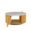 Table basse en faux marbre avec un design rond et une base de rangement en bois naturel spacieuse