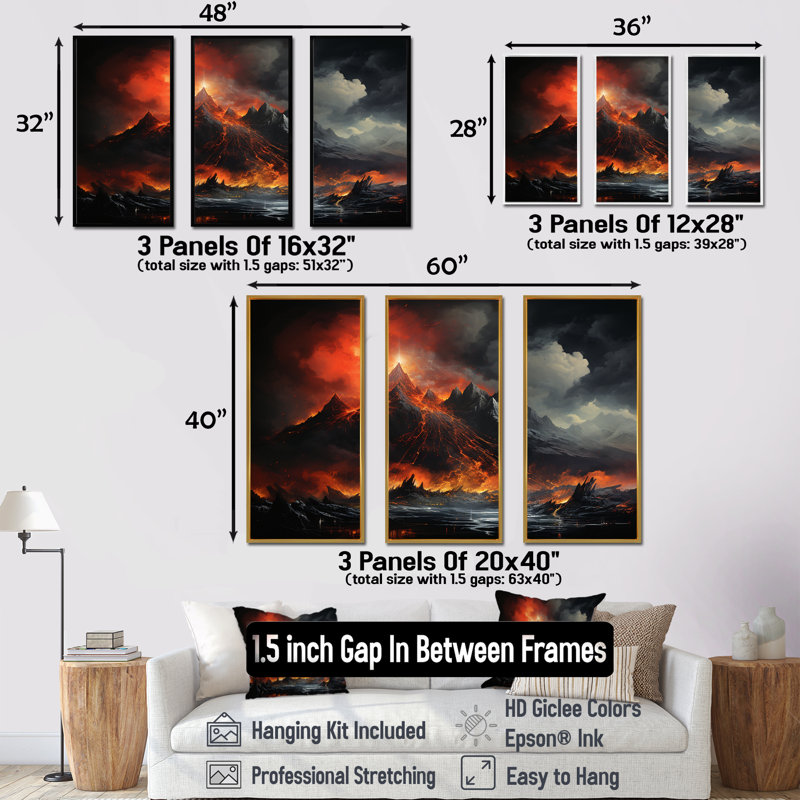 «Volcano Volcanic Explosion V», ensemble d'art sur toile volcanique, Cadre flottant doré, H 28 po x l 36 po x P 1 po