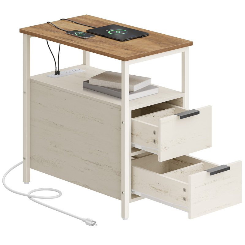 Side End Table With Charging Station, Slim Nightstand With 2 Drawers, Narrow Bedside Table For Living Room, Small Spaces